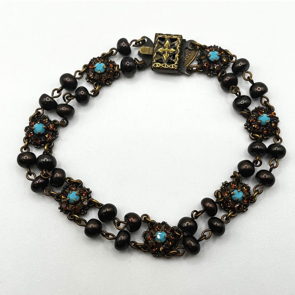 Liz Palacios SF Turquoise Crystal Double Strand Bracelet Brass Tone Victorian